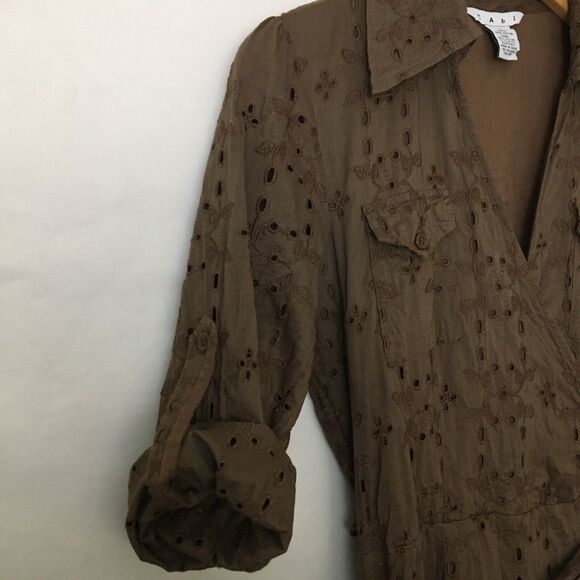 Cabi Dress Brown Floral Eyelet Faux Wrap Midi Embroidered Size 8 Collared V-neck - Picture 4 of 7
